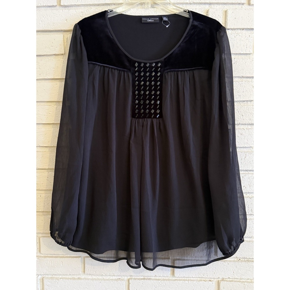 Susan Graver Women's Chiffon Embellished Blouse Size‎ 14 Velvet Trim Black NWOT